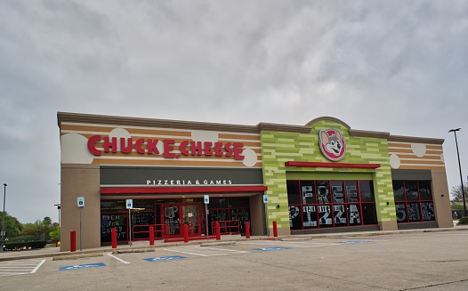 Houston, Texas/USA 03/25/2020: Chuck E. Cheese location in Houston, TX. American restaurant and entertainment center chain store popular for children's birthday parties.