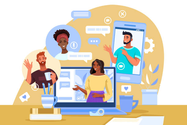 Virtual meeting illustration with diverse students, female tutor, laptop, smartphone, home workplace. Video call or conference concept with men and women working together. Virtual meeting flat banner social media illustrations stock illustrations
