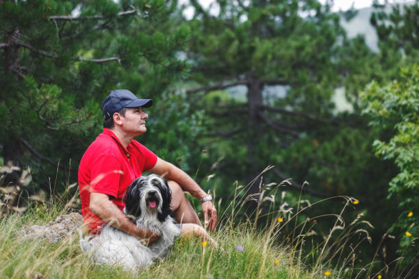 istock Man sitting outside with his dog during a break from their walk  in mountain forest 1266800626