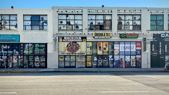 LOS ANGELES, CA, JUN 2020: various smoking supply shops and cannabis dispensaries in Downtown