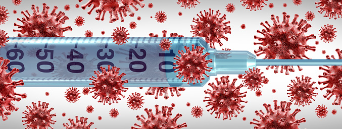 Virus vaccine and flu or coronavirus medical therapy disease control as a syringe vaccination and a group of contagious pathogen cells as a health care metaphor for researching a cure with 3D illustration.