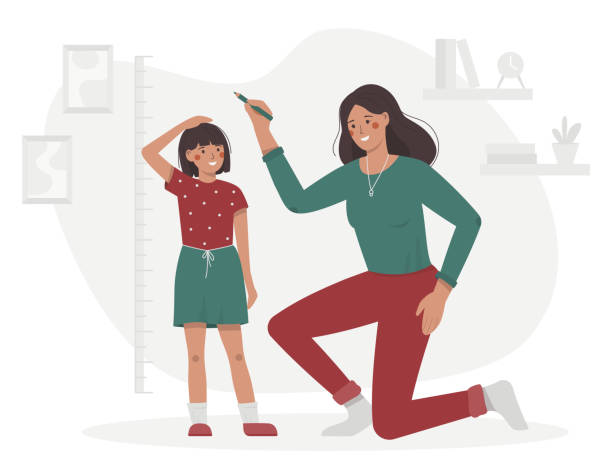 Mother measures the child height in the room Mother measures the child height. Daughter and mom in the room mark the height on the meter wall. Flat vector illustration in green and red colors. human height stock illustrations