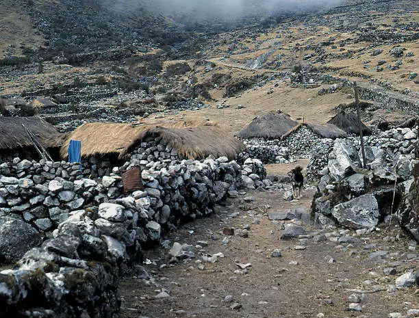 Thatched huts in a modern version of a stone-age sheepherders' village huddles along an ancient Inca road high in the Bolivian Andes.