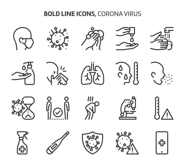 Corona virus, bold line icons Corona virus, bold line icons. The illustrations are a vector, editable stroke, 48x48 pixel perfect files. Crafted with precision and eye for quality. covid thermometer stock illustrations
