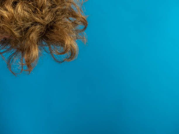 istock Frizzy blondie hair on blue background with copy space 1266807811