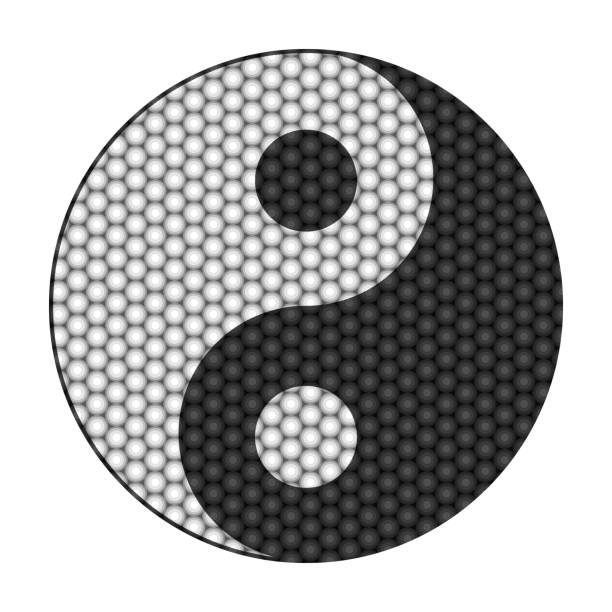 yin yang znak z abstrakcyjnym wzorem kul. element dekoracyjny w stylu geometrycznym. symbol chiński. czarno-biała ilustracja wektorowa. - ying yang pearls stock illustrations