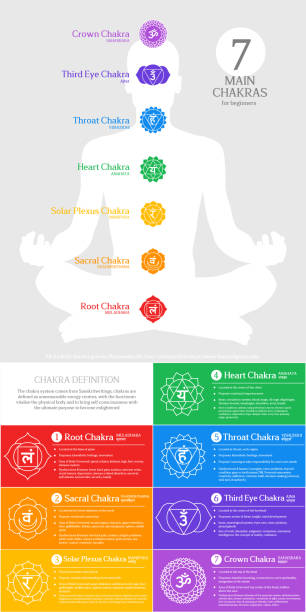 Chakra Energy centers infographic illustration Seven MAIN CHAKRAS chart The principal 7 chakras for energy healing and mindfulness  vector infographic design. chakra illustrations stock illustrations