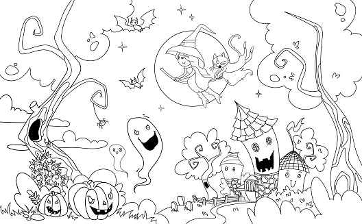 Hand Drawn Line Illustration For Kids Coloring Book Sketch Halloween Witch  In A Hat Flies On A Broomstick With A Cat And A Bat Ghosts Houses Album  Cover Coloring Book Page For