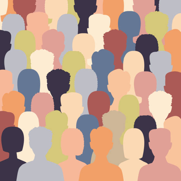 Diverse multicultural group of people standing together Diverse multicultural group of people standing together (europian, asian, american). Human social diversity crowd vector illustration. Concept of diversity men and women silhouettes. crowd of people silhouettes stock illustrations