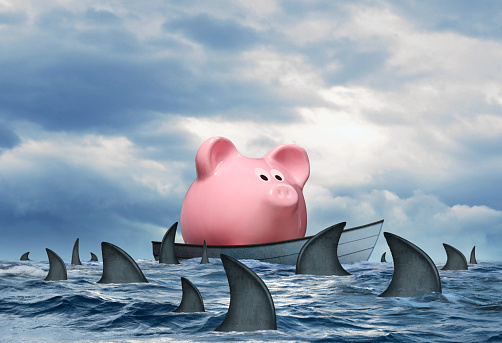 A pink piggy bank in a small boat that is stranded at sea and is surrounded by a swarming school of sharks.