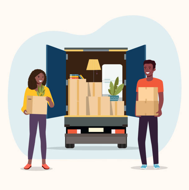 Things in box in the trunk of the truck. Afro American man and woman hold boxes. Moving House. Vector flat style illustration Things in box in the trunk of the truck. Afro American man and woman hold boxes. Moving House. Vector flat style illustration black family home stock illustrations