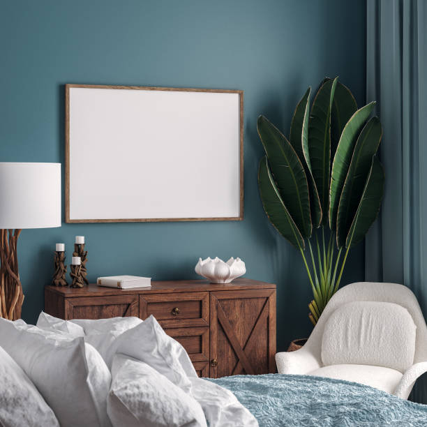 istock Mockup frame in dark green bedroom interior background 1266816345