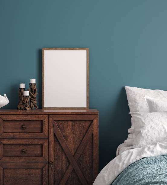 istock Mockup frame in dark green bedroom interior background 1266816349