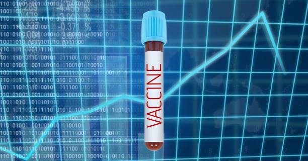 istock Digital illustration of a test tube with a VACCINE sign over data processing, statistics showing 1266817854
