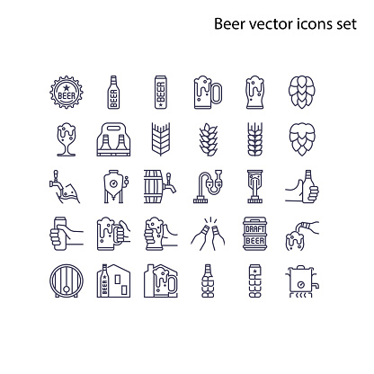 Basic element of Beer vector icons set.Contains a bottle, can, hop sign, barley and wheat, fermentation tank, boiler, draft beer keg, beer process, and more. 68x68 pixel perfect icon
