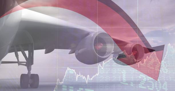 istock Digital illustration of a plane wing over global market arrow going down, data processing 1266818028