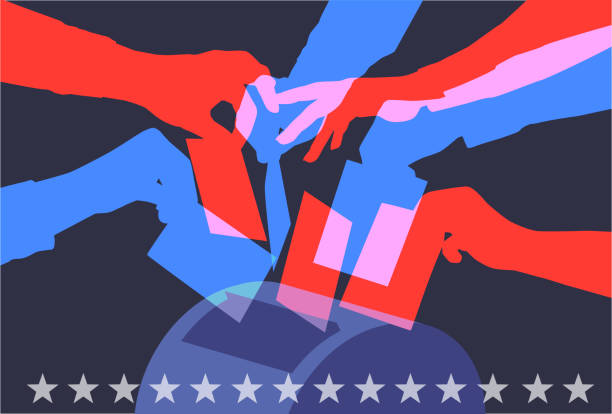 US Mail Voting Colourful overlapping silhouettes of people voting during Covid-19 pandemic, voting, election, democratic party usa illustrations stock illustrations
