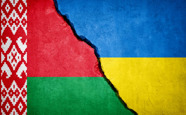 Belarus and Ukraine conflict Belarus and Ukraine conflict. Country flags on broken wall. Illustration. belarus stock pictures, royalty-free photos & images