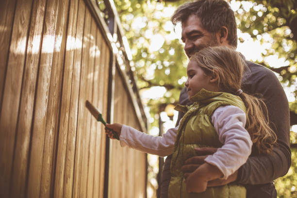 Now, it is her turn to paint the gate Copyspace of father and daughter painting together a wooden door of their backyard during stay at home order. brush fence stock pictures, royalty-free photos & images