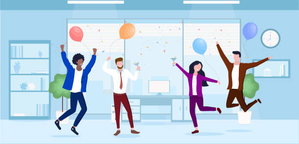 Vector illustration of office party Vector illustration of office party. Coworkers celebrating and have fun on corporate in office office parties stock illustrations