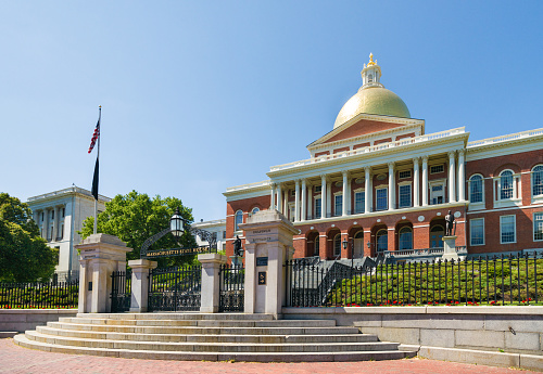 Aerial view of the New Jersey State Capitol Building in Trenton with American Flag