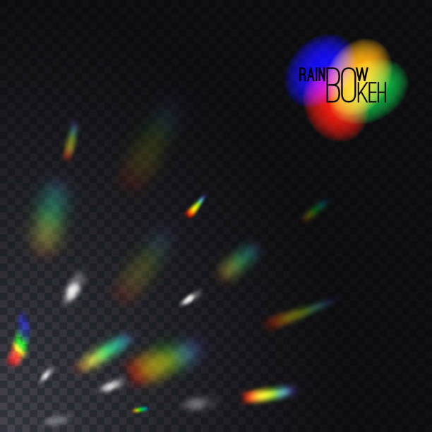 ilustrações, clipart, desenhos animados e ícones de vetor realistic transparent rainbow rays. efeito bokeh colorido radiante. decoração iridescente mágica - 2039