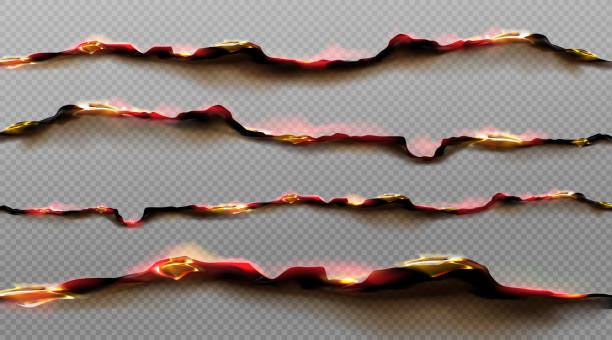 Burn paper borders, burnt page smoldering edges Burn paper borders, burnt page with smoldering fire on charred uneven edges, parchment sheets in flame. Burned, torn or ripped frame isolated on transparent background. Realistic 3d vector objects set flame borders stock illustrations