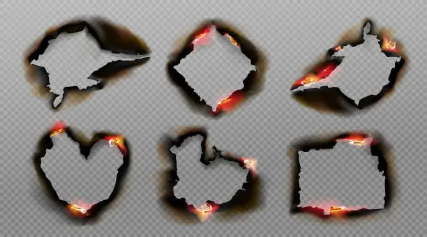 Vector illustration of Burnt holes in paper with fire and black ash