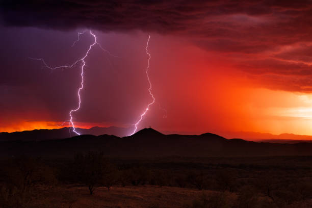 istock Lightning bolts strike from a monsoon storm at sunset 1266827128
