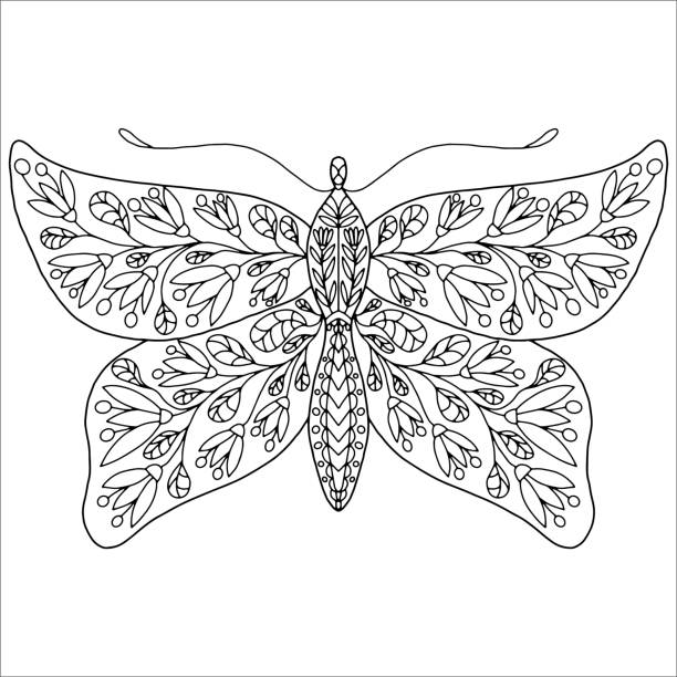 illustrations, cliparts, dessins animés et icônes de papillon dessiné sur un fond blanc avec des fleurs et des feuilles pour la coloration, vecteur - spring abstract insect dreams