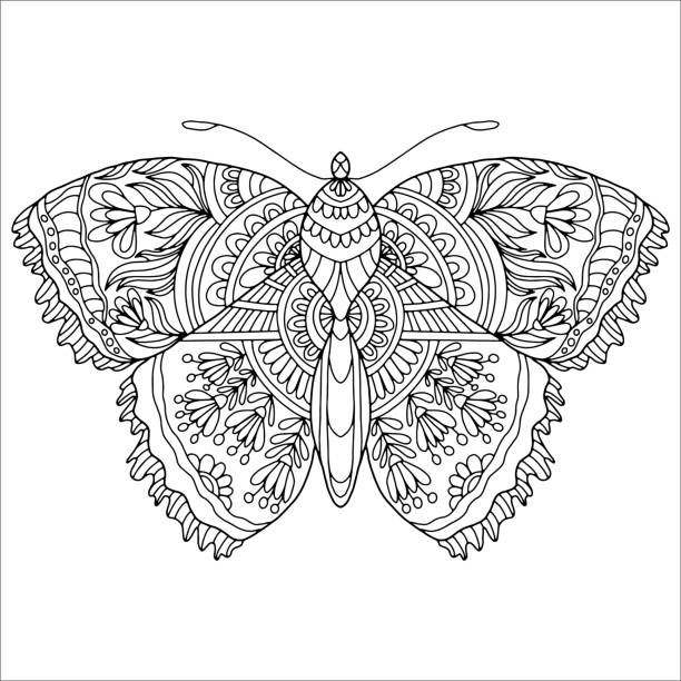 illustrations, cliparts, dessins animés et icônes de papillon dessiné sur un fond blanc avec des fleurs abstraites et des ornements pour la coloration, vecteur - spring abstract insect dreams