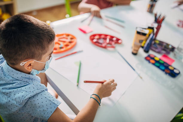 istock Young boy with protective face mask drawing in preschool 1266829535
