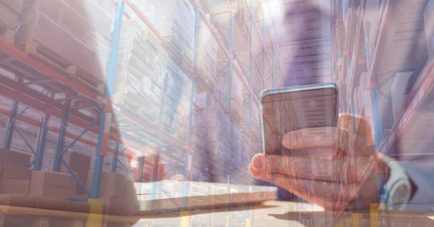 istock Caucasian hands using laptop shopping online over a warehouse full of boxes 1266831076