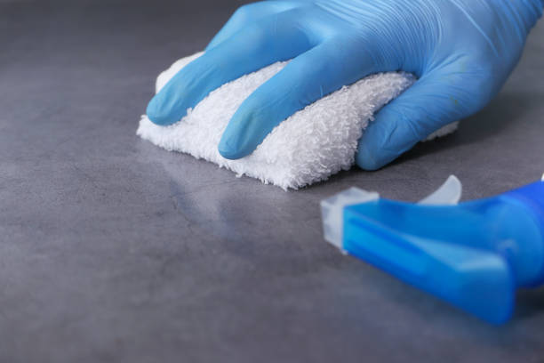 istock hand in blue rubber gloves cleaning flat surface 1266831260