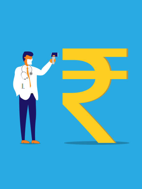 Examining the health of the rupee Doctor uses a digital thermometer, while examining the health of the rupee symbol. rupee symbol stock illustrations