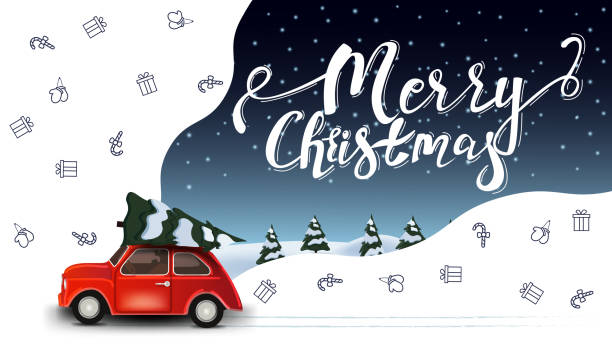 ilustrações de stock, clip art, desenhos animados e ícones de merry christmas, beautiful white and blue greeting postcard with red vintage car carrying christmas tree and christmas line icons, space imagination - car isolated three dimensional shape white background