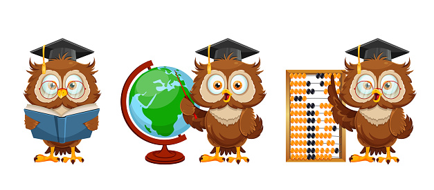 Cute wise owl, set of three poses. Funny owl cartoon character, back to school concept. Vector illustration