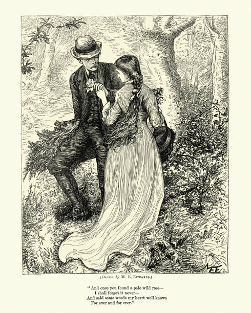ilustrações, clipart, desenhos animados e ícones de jovem casal apaixonado, rosa selvagem pálida, vitoriano, 1870, século xix - women century 19th victorian style