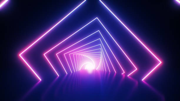 Abstract neon background. ultraviolet backdrop with bright glowing tunnel Abstract neon geometric background. Retro futuristic ultraviolet backdrop with bright glowing lines in a tunnel with pink and blue. VJ 3D Illustration for EDM music video, club, concert vj loop stock pictures, royalty-free photos & images