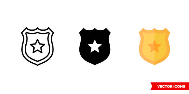 3 가지 유형의 배지 아이콘, 흑백, 윤곽선. �격리된 벡터 기호 기호 - sheriff stock illustrations