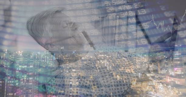 istock Digital illustration of senior male patient lying in hospital bed with data processing over cityscap 1266837745