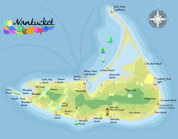 낸터킷 섬. 해변, 휴식 및 엔터테인먼트 장소의 지정과 현실적인 위성 배경지도. 지도 학적 정확도로 그려집니다. 조감도. - massachusetts map cartography nantucket stock illustrations