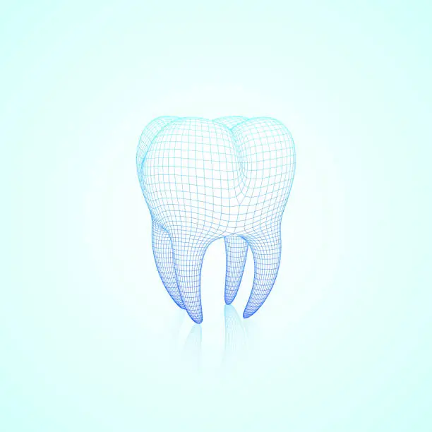 Vector illustration of Light Blue Abstract Vector Wireframe Polygonal Mesh Tooth With Reflection, Three-Quarter Front Angle View