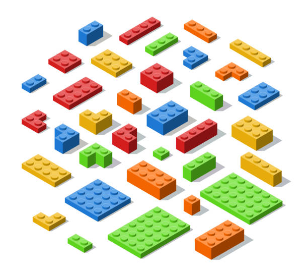 Plastic Colorful Construction Blocks, Bricks and Planes in Isometric Style Plastic Colorful Construction Blocks, Bricks and Planes in Isometric Style toy block stock illustrations