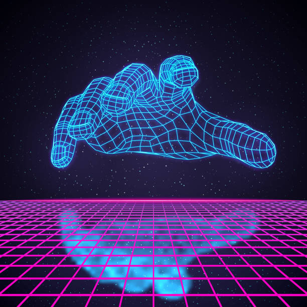 Polygonal Human Hand Hovering Over Laser Grid Retro 80s Futuristic Deep Space Design. Human Hand Hovering Over Laser Grid with Reflection hologram illustrations stock illustrations