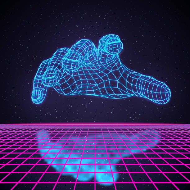 Polygonal Human Hand Hovering Over Laser Grid Retro 80s Futuristic Deep Space Design. Human Hand Hovering Over Laser Grid with Reflection futurism stock illustrations
