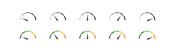 illustrazioni stock, clip art, cartoni animati e icone di tendenza di icona semplice del tachimetro impostata a colori e nero. concetto di indicatore in vector flat - speedometer odometer dial speed
