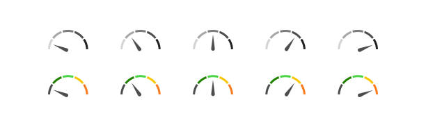 색상과 검은 색으로 설정 속도계 간단한 아이콘. 벡터 플랫의 표시기 개념 - speed speedometer gauge computer icon stock illustrations