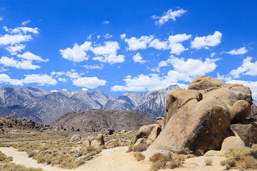 Some unique rock formations at Alabama Hills with Sierra Nevada in the background in Lone Pine, California
