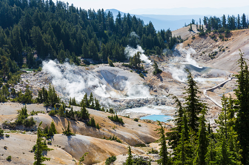 Landscape view of the geothermal features of Bumpass Hell in Lassen Volcanic National Park (California).